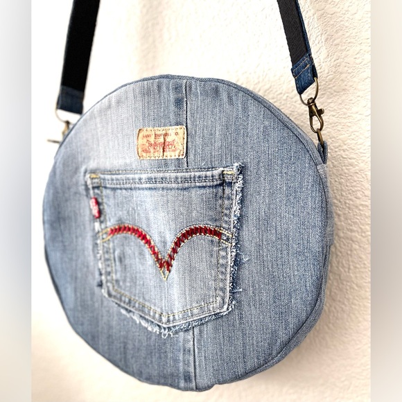 Upcycled denim jeans boho Round Crossbody bag with zipper and pockets. - Picture 3 of 12